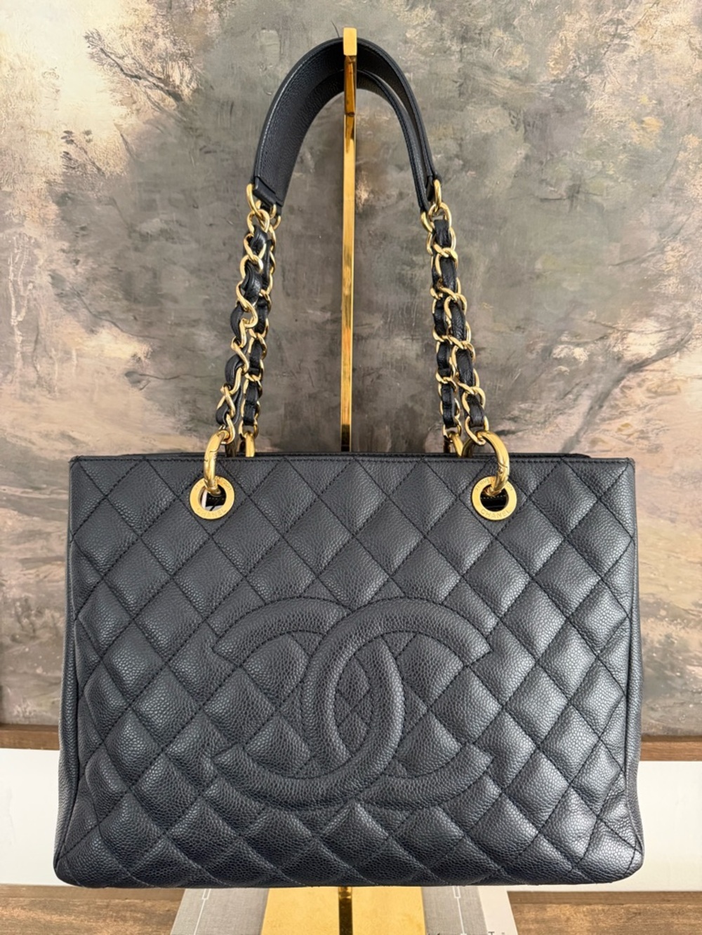 CHANEL Black Quilted Caviar Leather Tote with Gold Chain Straps